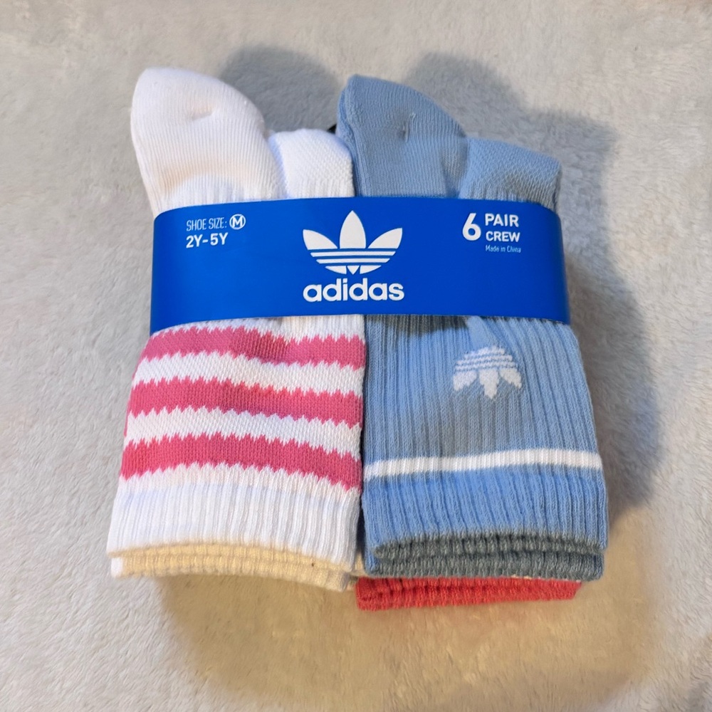 adidas Kids 6-Pack Crew Socks - White, Pink & Light Blue